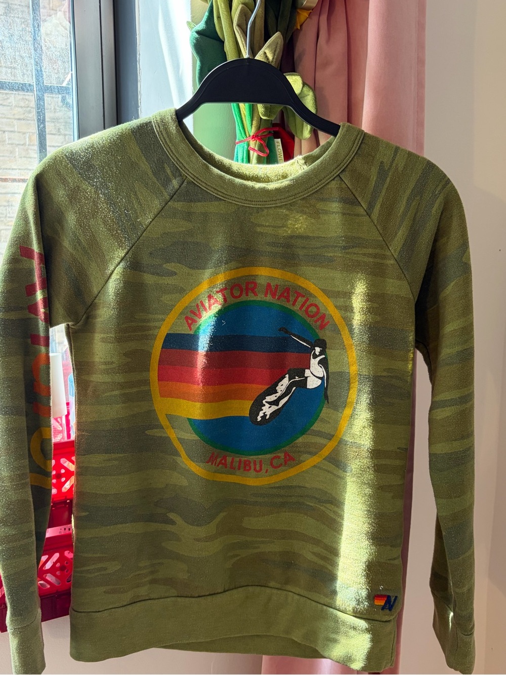 Aviator Nation Kids Green Camo Pullover Sweatshirt with Rainbow Malibu Graphic